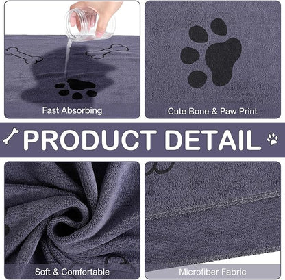 Chumia 8 Pcs Dog Towels for Drying Dogs Cats Pet Towels Bulk Puppy Microfiber Fast Drying Paw Bath Bathing Supplies Absorbent for Medium Pets(55 x 28 Inch,Dog Paw and Bone,Gray)