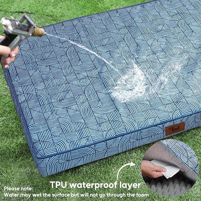 Outdoor Extra Large Dog Bed, Jumbo Waterproof Dog Bed for Large Dogs, Orthopedic Egg Crate Foam Pet Mat with Removable Oxford Cooling Cover, White Blue