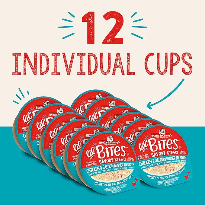 Stella & Chewy's Lil Bites Savory Stews for Small Breeds Chicken & Salmon Dinner in Broth,2.7 oz. Cups,(Pack of 24)