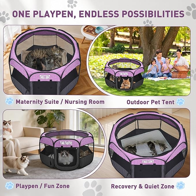 Large Cat Playpen for Multiple Cats, Extra Spacious Pet Tent Playground, Portable Dog Exercise Pen with Room for Toys & Bed, Indoor/Outdoor Enclosure for 2-3 Pets (Purple, Large)