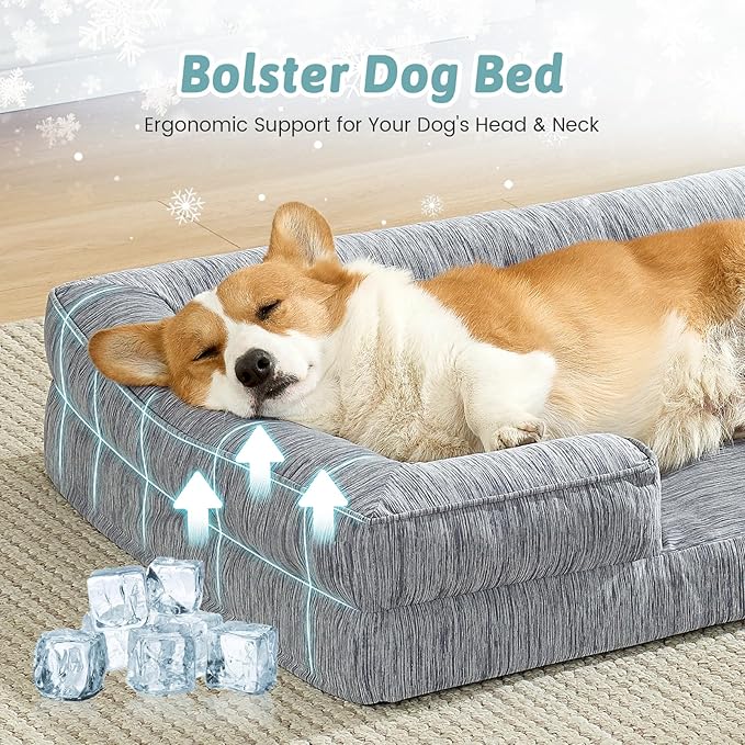 Cooling Dog Bed for Medium Small Size Dogs, Q-Max >0.4 Summer Cool Pet Bed, Orthopedic Dog Sofa with Sides, Bolster Anti-Slip Couch with Washable Removable Cover, M 30x20x6 inch, Dark Grey