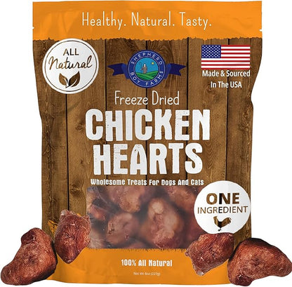 Shepherd Boy Farms Freeze Dried Dog and Cat Treats, Chicken Heart, All Natural Freeze-Dried Dog Treat & Snacks, Made in USA, High in Protein, Essential Nutrition of Raw Food, 8oz