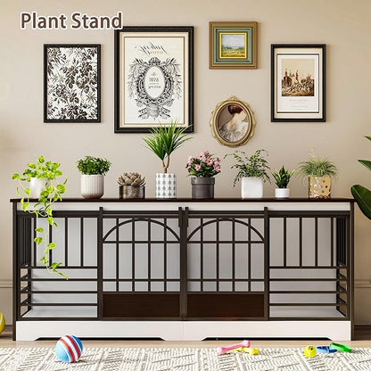 COZPAW 78 Inch Double Dog Crate Furniture, Extra Large Dog Kennel Indoor for 2 Dogs, Heavy Duty Dog Cage with Divider, Wooden Dog House Decorative Table TV Stand for XLarge Dogs (White&Brown)