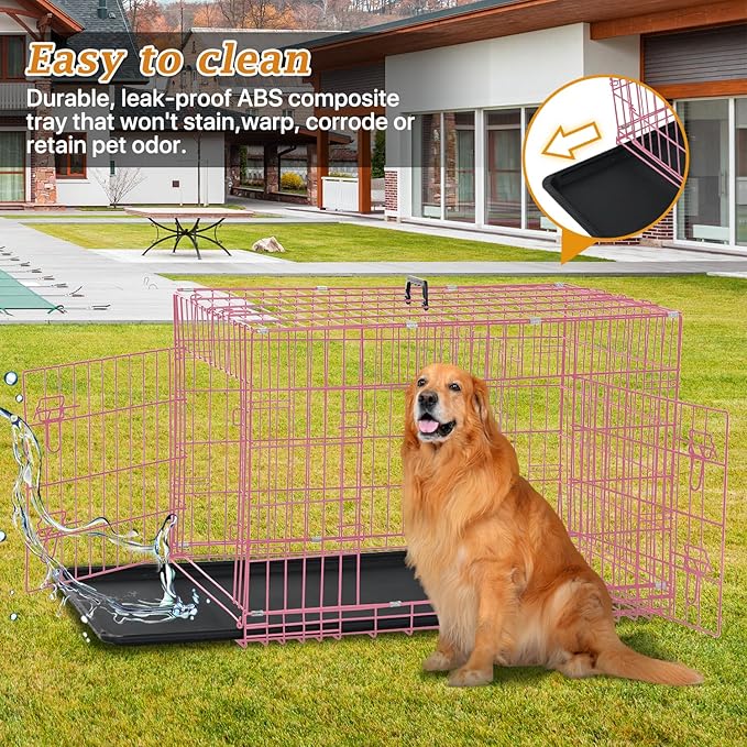Dog Crate for Large Medium Dogs Folding Dog Kennel Cage with Plastic Tray & Divider 48" Indoor Outdoor Metal Double Door Pet Playpen Heavy Duty Dog Pen Enclosure Pink