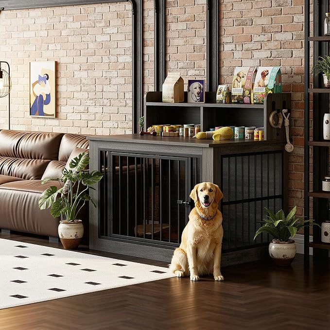 IRONCK Extra Large Dog Crate Furniture, 43.3 inches Wooden Dog Crate with Storage and 4 Hooks, Heavy Duty Pet Crate for Large Dog, Decorative Pet Cage for Indoor (30" L x 43.3" W x 41.1" H)