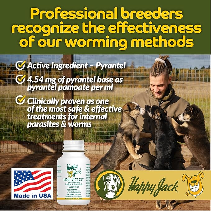 Happy Jack Liqui-Vict 2X Liquid Dog Dewormer for Large, Medium & Small Breeds (2 oz), Wormer Removes Roundworms & Hookworms, for Puppies to Seniors to Lactating Moms