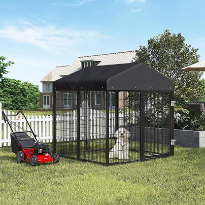 Petony Large Outdoor Dog Enclosure,Heavy Duty Dog Cage with Roof,Galvanized Steel Dog Kennel Fence with Double Safety Locks(4.2'L x 4'W x 4.5'H)