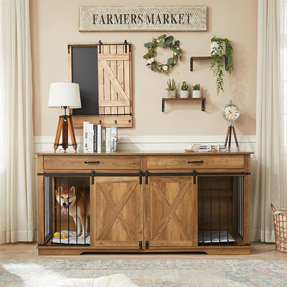 72.5" XXL Wooden Double Dog Crate Furniture for 2 Large Breeds, Farmhouse Barn Door, Removable Divider, Water Resistant with Built-in Drawers, Home Decor Pet Kennel, Rustic Oak