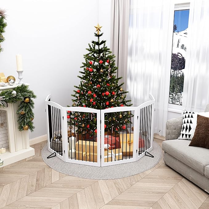 PUPETPO Freestanding Pet Gate for Dogs, Indoor Wooden Foldable Dog Gate for House, Extra Wide, Pet Fence for Stairs, Doorways, Halls, Support Feet Included, 120 Inch Wide, 6 Panels 32",White