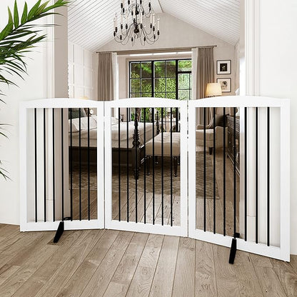 PUPETPO Freestanding Pet Gate for Dogs, Foldable Wooden Dog Gate for House Indoor, Tall Pet Fence for Stair, Doorway,Hall, Support Feet Included, 3 Panels 32",White