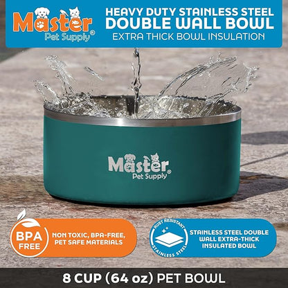 Master Pet Supply Stainless Steel Dog Bowls - 64 oz, Heavy Duty - Emerald Sea, Double Wall Extra-Thick Insulated, Non-Slip Pet Water Bowl for Dogs, Cats & Pets, Anti Rust Metal, Dish Washer Safe