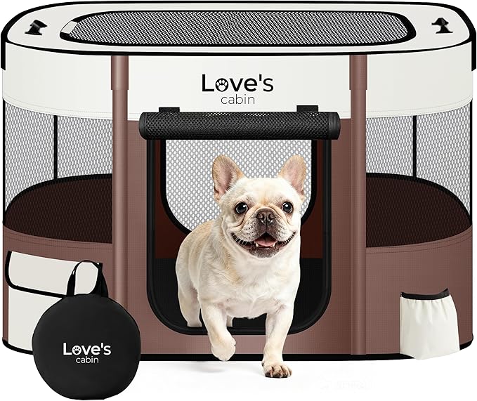 Love's cabin Pet Puppy Dog Playpen, Medium Dog Tent Crates Cage Indoor/Outdoor, Portable Exercise Playpen for Cat, Foldable Pop Up Dog Kennel Playpen with Carring Case (M, Brown)