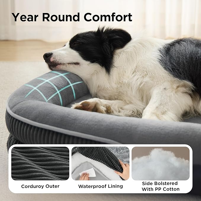 Bedsure XL Orthopedic Dog Beds Large Sized Dog - 360° Oval Bolster Large Dogs Bed for Senior Dogs with Waterproof Washable Cover, Extra Large Comfort Pet Sofa Couch with Ultra-Soft Fleece, Grey, 42"