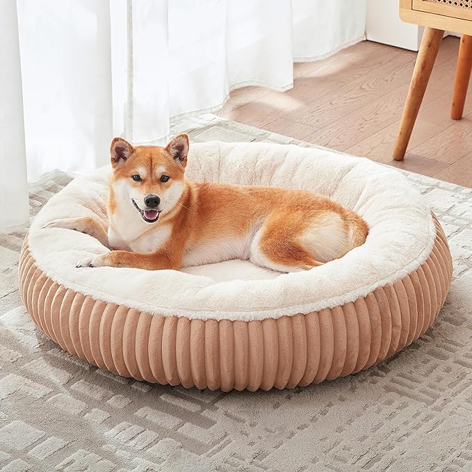 33 inches Donut Dog Bed for Medium Large Dogs,Calming Round Pet Bed with Removable Cover,Washable Milk Plush Faux Fur, Fits up to 50 lbs Pets(Mocha,M Plus)