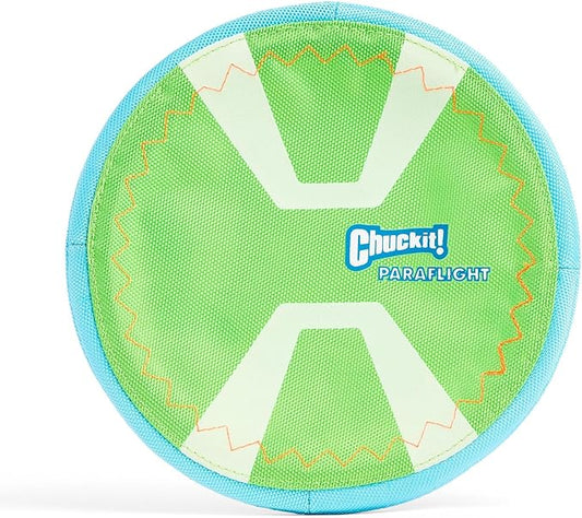 Chuckit! Max Glow Paraflight Flying Disc Dog Toy - Water Floating Flyer - Durable Nylon Construction with Soft Rubber Edges - For Medium and Large Dogs - Size Large - 9.75" L x 9.75" W - Pack of 1