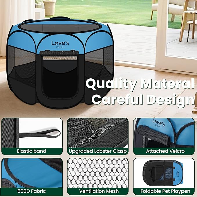 Love's cabin Pet Puppy Dog Playpen, Large Dog Tent Crates Cage Indoor/Outdoor, Portable Playpen for Cat, Foldable Pop Up Dog Kennel Playpen with Carring Case, Removable Zipper Top, Blue