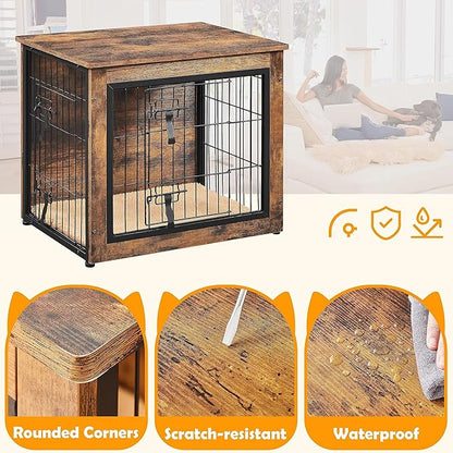 Yaheetech 27.5 Inch Dog Crate Furniture with Cushion, Wooden Dog Kennel with Double Door Side End Table with Adjustable Feet for Small Medium Dogs