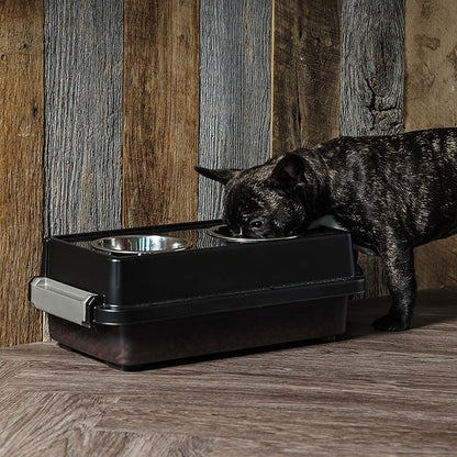 IRIS USA 2-in-1 Elevated Dog Bowls 6" H with Airtight Pet Food Storage Container Holds Up to 5 Lbs, Removable 4 Thick 16 oz Stainless Steel Bowls, at Home or Camping Pet Dish Bowl Set, Smoke/Black
