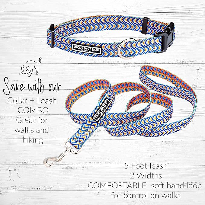 Lucky Love Dog, Bold Matching Dog Collar and Leash Set, Soft & Adjustable, Geometric Pattern Collar and Leash for Male Female Dogs - (Large, Murphy Combo)