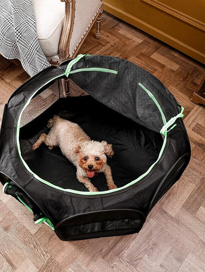 Portable Pet Dog Playpen, Pet Playpen Foldable Extra Heavy Duty Pop Up No Assembly Kennel Tent Crate Indoor Outdoor with Shade Ventilation Mesh for Small Dog, Kitten, Cat, Rabbit (Black)