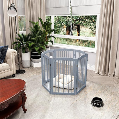 PUPETPO Freestanding Pet Gate for Dogs, Indoor Wooden Foldable Dog Gate for House, Extra Wide, Pet Fence for Stairs, Doorways, Halls, Support Feet Included, 120 Inch Wide, 6 Panels 32",Grey