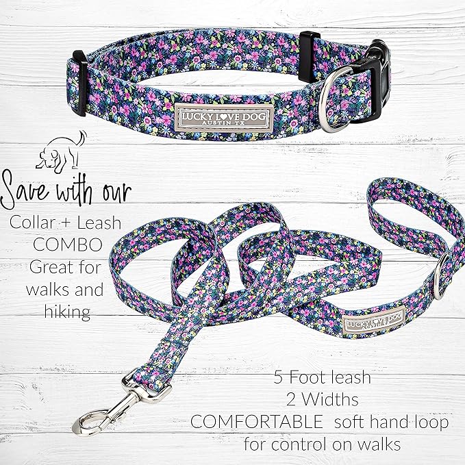 Lucky Love Dog, Matching Dog Collar & Leash Set for Female Dogs, Soft, Adjustable, Safe for Training and Walking, Black & Purple Floral Print, Primrose Combo, X-Small