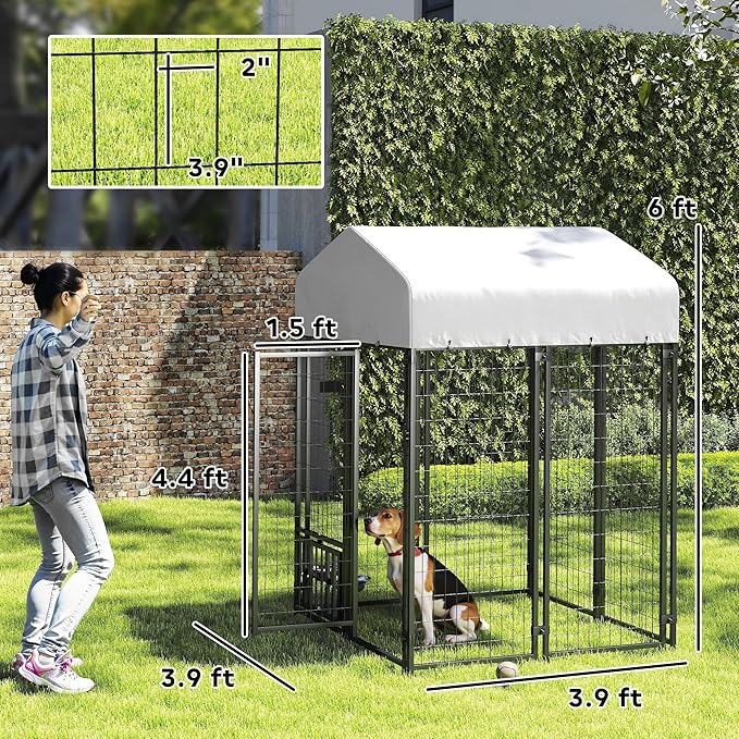 PawHut 4' x 4' x 6' Outdoor Dog Kennel, Welded Wire Dog Kennel Outside Run with 360° Rotating & 4 Level Adjustable Bowls, Waterproof & UV Resistant Cover, for S&M Breeds, Chickens, Ducks, Silver