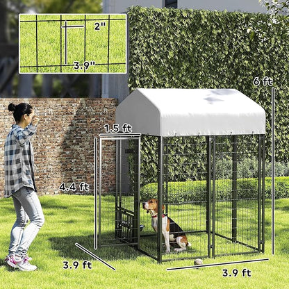 PawHut 4' x 4' x 6' Outdoor Dog Kennel, Welded Wire Dog Kennel Outside Run with 360° Rotating & 4 Level Adjustable Bowls, Waterproof & UV Resistant Cover, for S&M Breeds, Chickens, Ducks, Silver